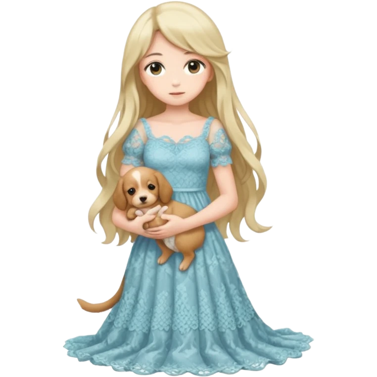Pastel anime lady long hair with long lace dress full body holding puppy emoji