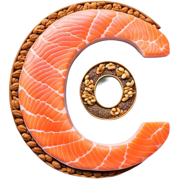 Floating arrangement of omega-3 rich foods: fresh salmon fillets, walnuts, flaxseeds, chia seeds and golden omega-3 capsules, all emitting a soft golden glow. The foods orbit around a central shimmering omega symbol, with gentle flowing energy connecting them. emoji