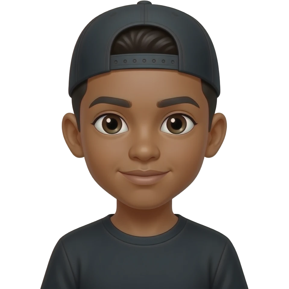 Podrías hacer un chico morenito, que tenga una gorra hacia atrás, con el pelo negro, como camisa negra y que la gorra sea negra que sea un poco más blanco emoji