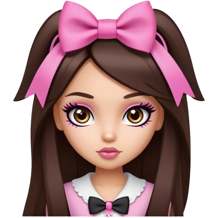 pretty bratz baddie, long straight hair brunette baddie with eyeliner and brown eyes and small pink bow emoji