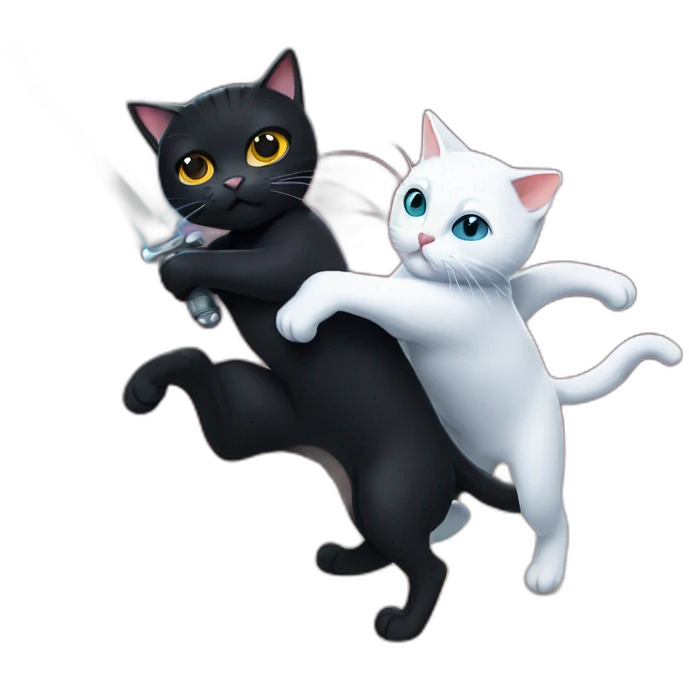 a black cat fighting with a white cat with lightsabers emoji