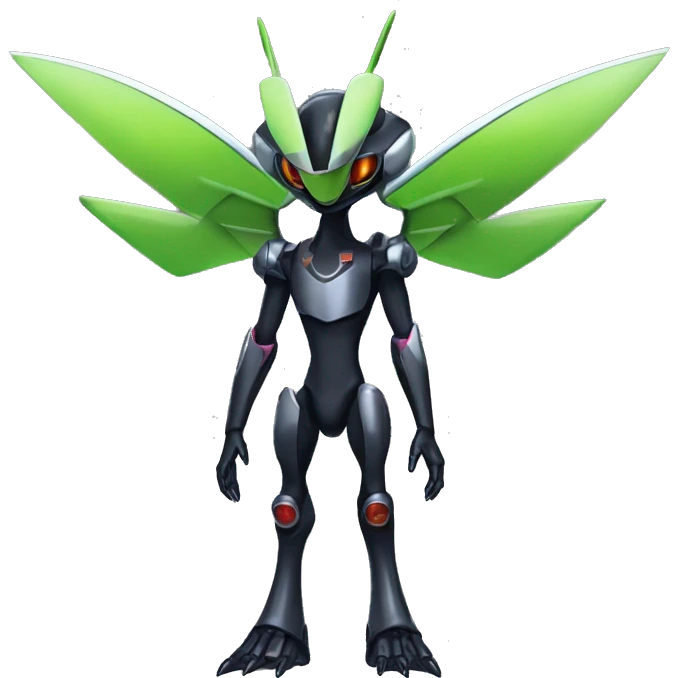 a shiny metallic black Genesect-Flygon-Raptor-Fakémon-Medabot-hybrid with a futuristic visor-helmet full body emoji