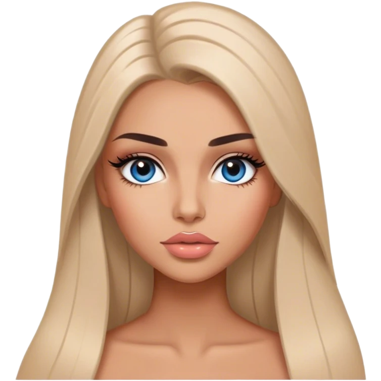 Glamours, tanned, very beautiful girl, with big pump peach-beige-rose lips, long long lashes, black straight smooth silky long hair, straight parting hair, blue-grey eyes emoji
