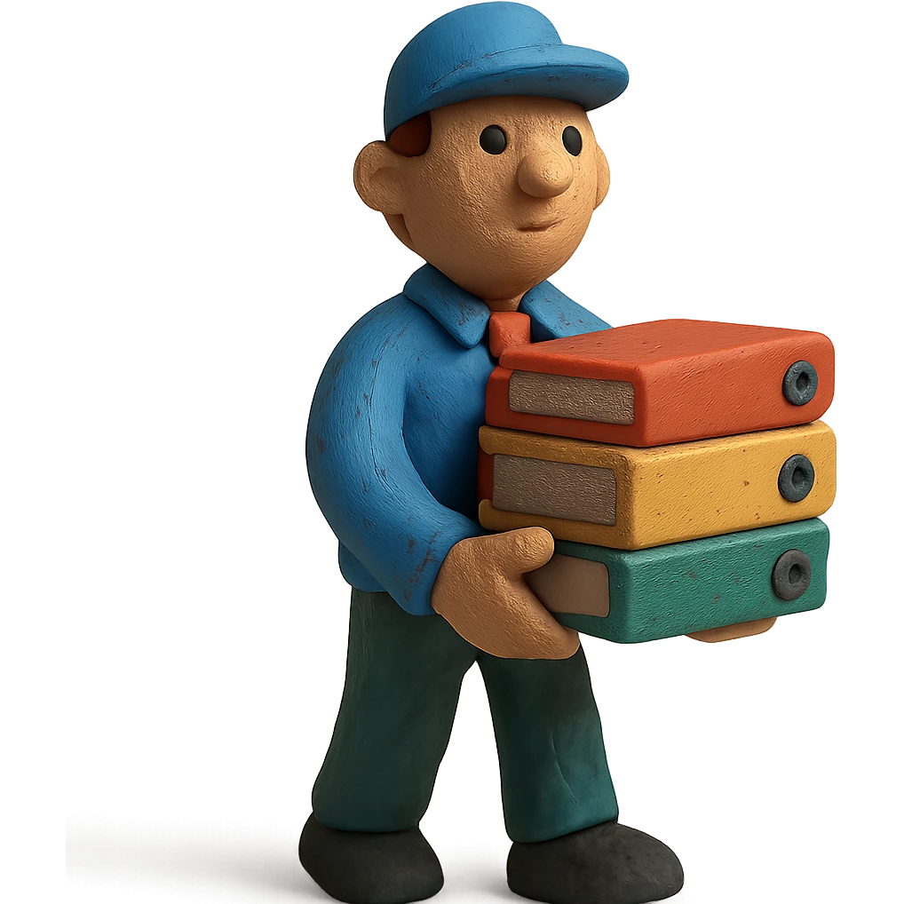 claymation style working person with files emoji