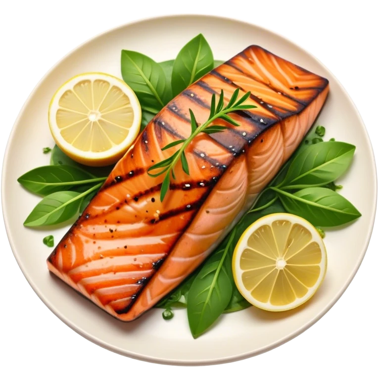 Cinematic perfectly grilled salmon, rich orange hues with crispy skin, garnished with fresh herbs, drizzled with lemon, ultra-detailed and delicious. emoji