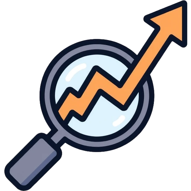 magnifying glass over a chart with downward trend emoji