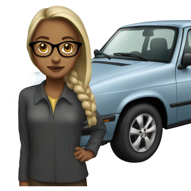 Girl with glasses and car emoji