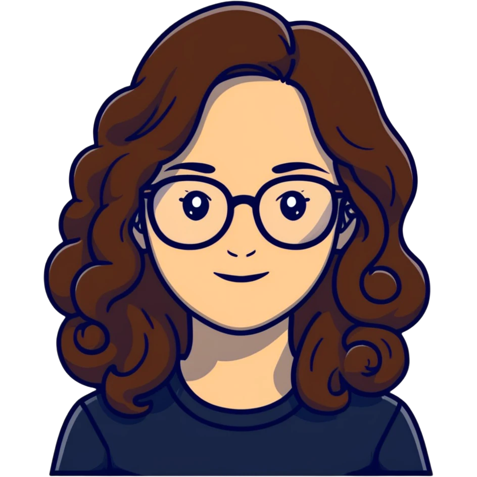 Mujer blanca con lentes, cabello largo y en las puntas rulos de color café con partidura en el medio emoji
