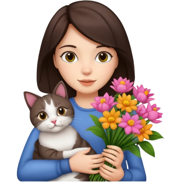 brunette woman holding bouqet and cat emoji