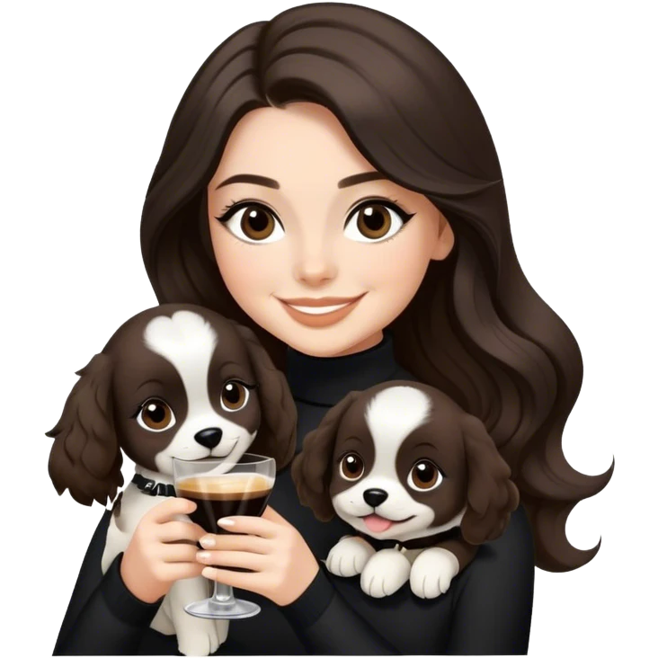 White Girl with winged liner. Hair long wavy like Lana del Rey. Hair dark brown. Eyes dark brown. Holding an espresso martini and a black & white little puppy. Wearing a black turtleneck. Looking happy and smiling.  emoji