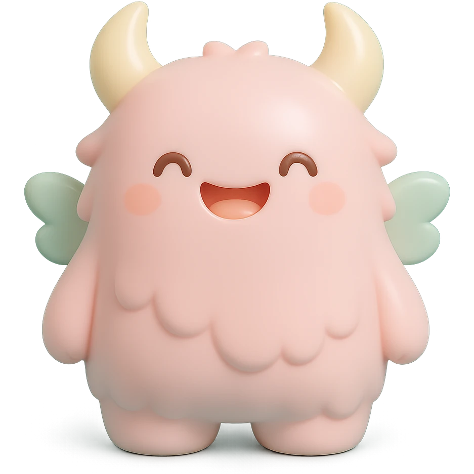 adorable monster with fluffy fur, tiny wings, happy expression, soft color palette emoji