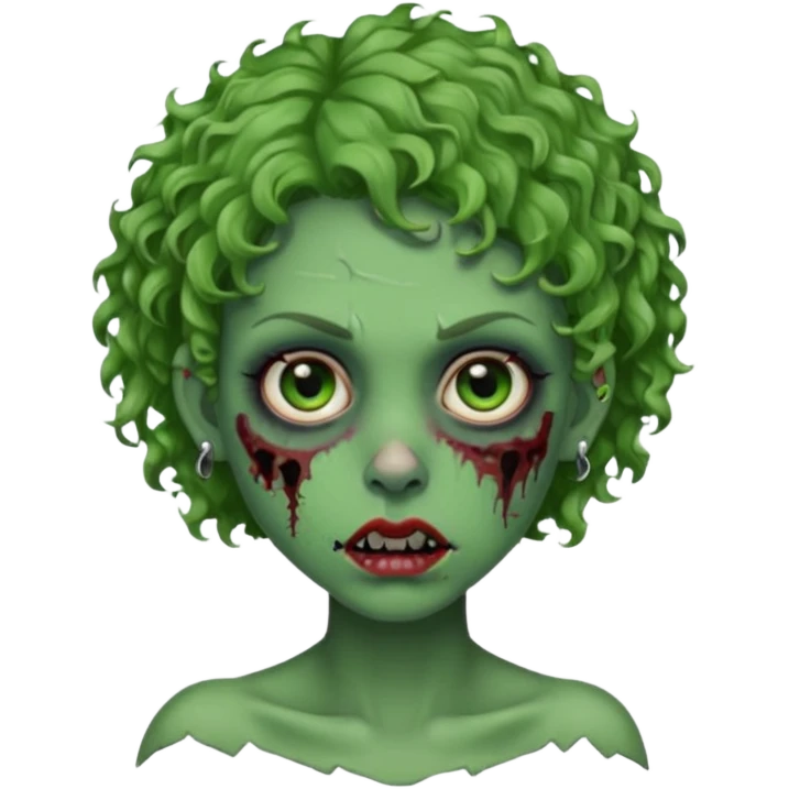 faça uma cabeça verde de zumbi femenina, com im cabelo curtinho cacheado, piercing no nariz, e brincos na orelha emoji