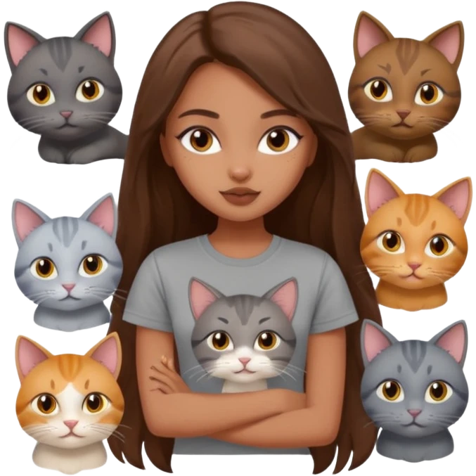 a pretty bratz dusky girl with long brown hair with six cats nd wearing a grey tshirt emoji