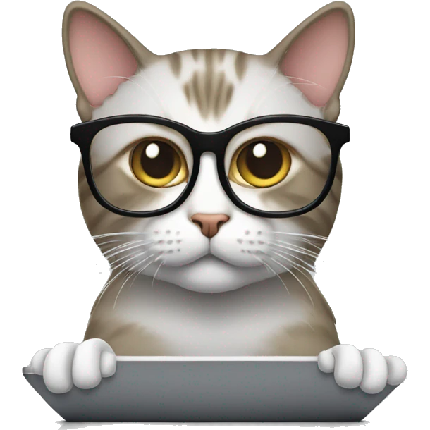 Cat wearing spectacles and working hard on a mac computer  emoji