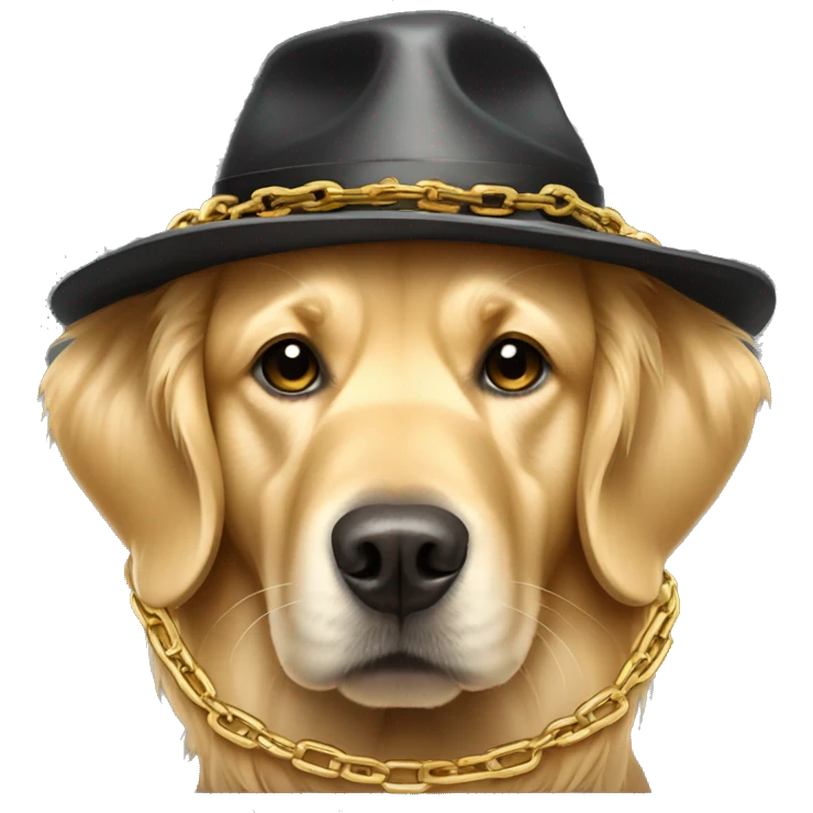 Golden retriever wearing chains and a hat that looks like a gangster emoji