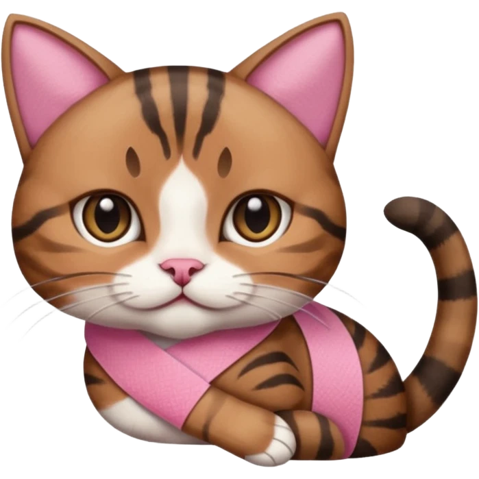 a  brown and black tabby cat, with a pink bandage on her front paw, emoji