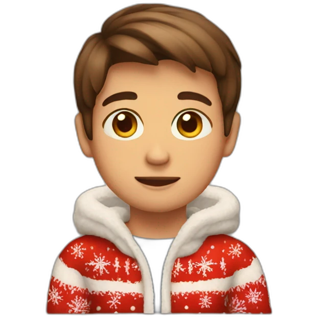 young boy brown hair sitting in christmas sweather emoji