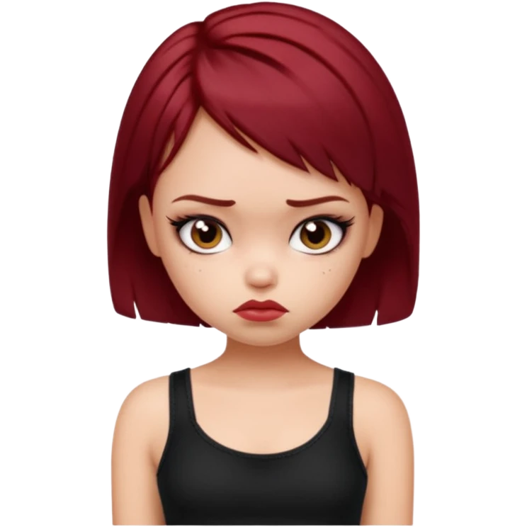 generate a pretty fair bratz girl with short dark red hair looking sad . Wearing a black cami emoji