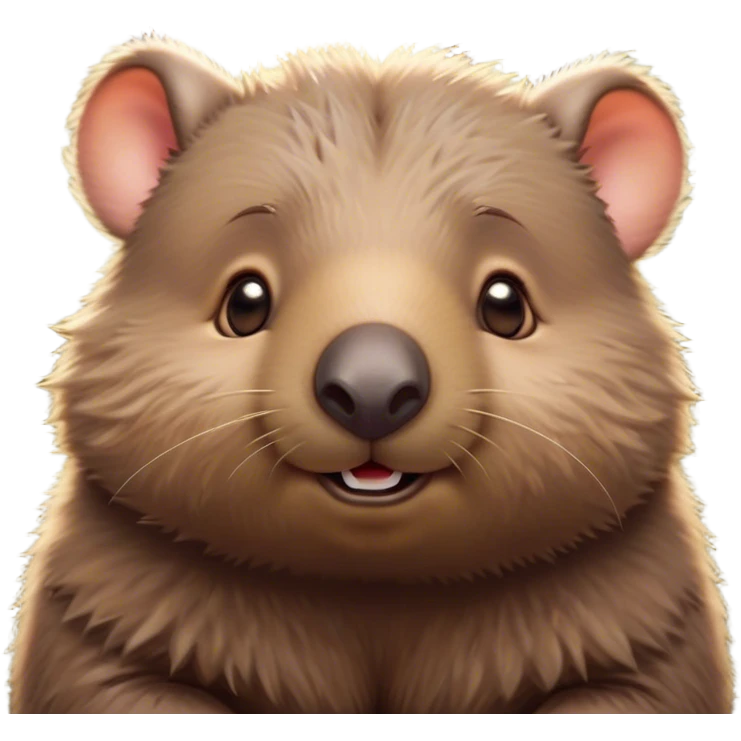 Cinematic Cute Wombat Portrait Emoji, Head tilted playfully and inquisitively, featuring a fluffy, shaggy brown fur with a round, endearing face and twinkling eyes full of gentle curiosity, Simplified yet irresistibly adorable features, highly detailed, glowing with a warm, friendly glow, high shine, affectionate and chubby, stylized with a touch of bushland whimsy, bright and endearing, soft glowing outline, capturing the essence of a mischievous yet loving wombat, so playful it feels like it could trundle out of the screen into your arms! emoji