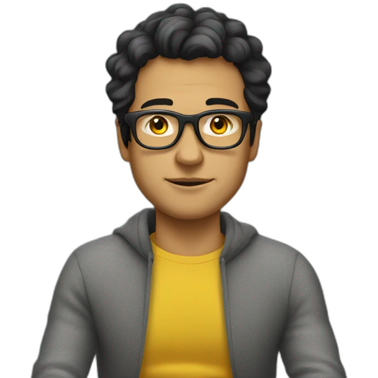 White man with yellow tinted glasses and black hair in a gray jumper and sitting on a chair emoji