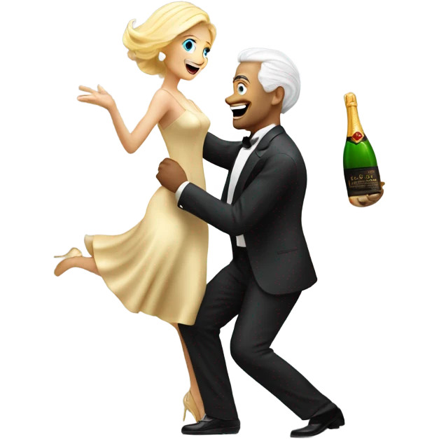 A fifty years man and a blonde woman dansing with a bottle of champagne by night emoji