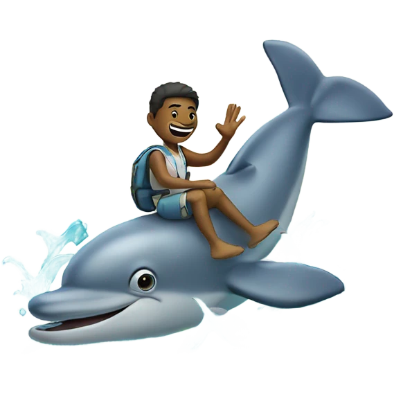 Dude riding dolphin in the ocean holding up a peace sign  emoji