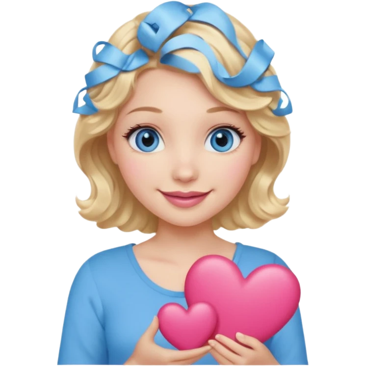 Girl Blonde short wavy hair,  blue eyes, cute blue top, long lashes, pink lips, smiling, holding a big heart emoji