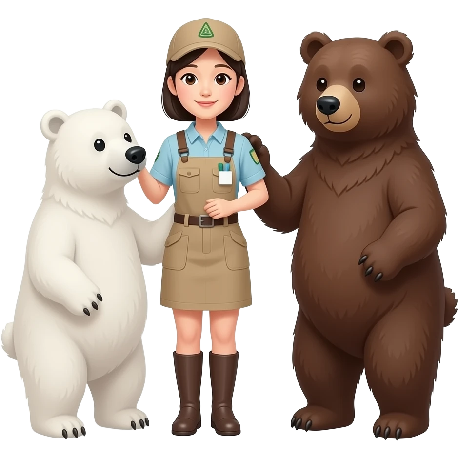 korean woman with zookeeper outfit for one white bear and one grizzly bear (two bears of the same height) affectionate to the zookeeper emoji