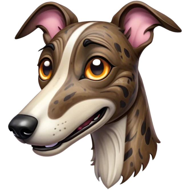 Cinematic Comical Brindle Greyhound Portrait Emoji, Head tilted dramatically with an exaggeratedly amused expression, featuring a striking brindle Fur with bold patterns, wide, expressive eyes filled with playful disbelief, Simplified yet hilariously expressive features, highly detailed, glowing with a slightly sassy glow, high shine, dramatic yet playful, stylized with an air of cheeky mischief, bright and endearing, soft glowing outline, capturing the essence of a spirited and over-the-top racer, so meme-worthy it feels like it could side-eye its way into internet fame instantly! emoji