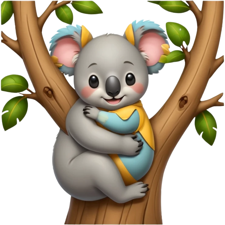 Koala and tree character hugging each other, add a face to the tree emoji
