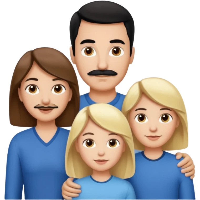 Mom with brown hair. Dad with black hair and mustache. 1 son with blonde hair. 1 son with blonde hair. 1 daughter with blonde hair. emoji