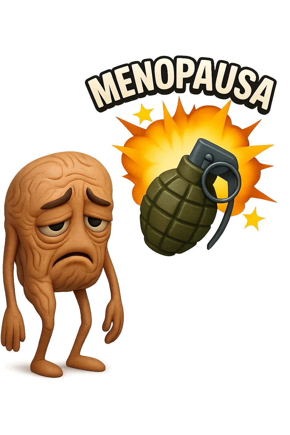 EMOJI STILE IPHONE 3D DI INTESTINO ANZIANO CON RUGHE SFINITO CON ESPRESSIONE STANCA, ACCANTO A LUI SCOPPIA UNA GRANATA 3D CON LA SCRITTA "MENOPAUSA" SOPRA emoji