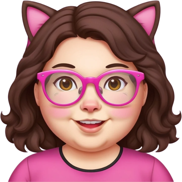 chubby English teacher, cheerful, pink cat glasses, wavy long dark brown hair, face only, classroom background, emoji style, hint of gamer personality emoji