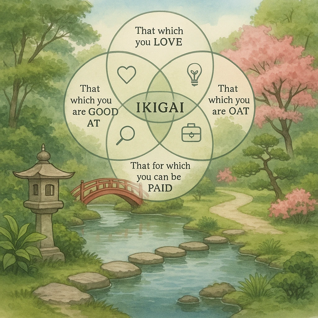Ikigai illustrated as a tranquil Japanese garden scene, symbolizing balance and fulfillment, with subtle iconography for purpose and meaning emoji