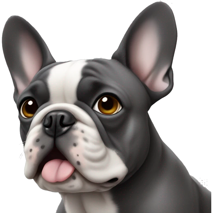 Dark gray French bulldog male, hazel eyes, one ear emoji