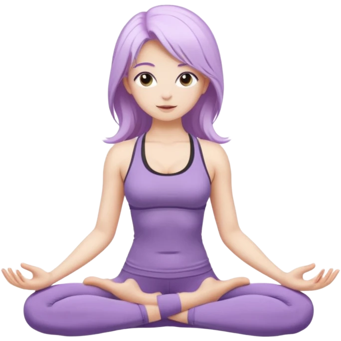 Девушка белокожая, с длинными светло-фиолетовыми волосами, в одежде для йоги, стоит в позе лотоса, в стиле бимбо пилатес, правильные пропорции, только человек emoji