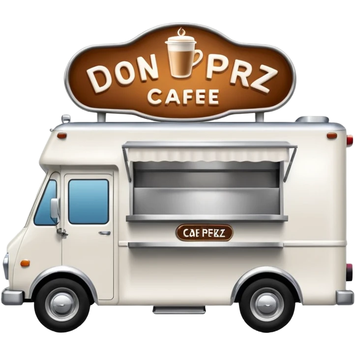 white coffee truck with don perez cafe sign emoji