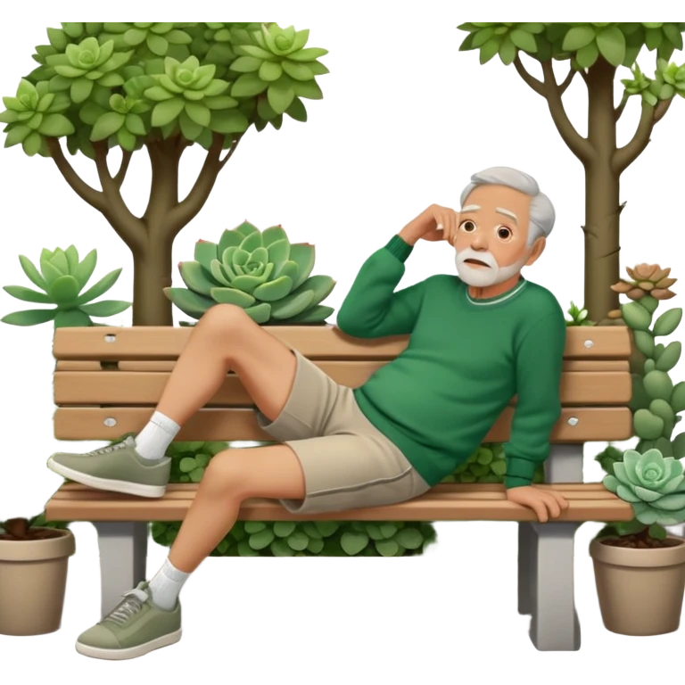 Old Man laying sideways on bench in green sweater, light brown shorts, and grey shoes with trees and succulents in background emoji