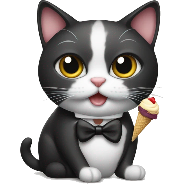 small cat with a tuxedo eating ice cream emoji