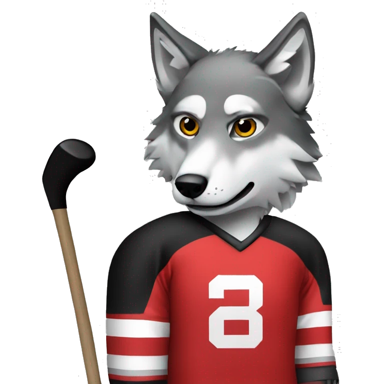 A wolf in a red black and white hockey uniform with a wolf emblem emoji