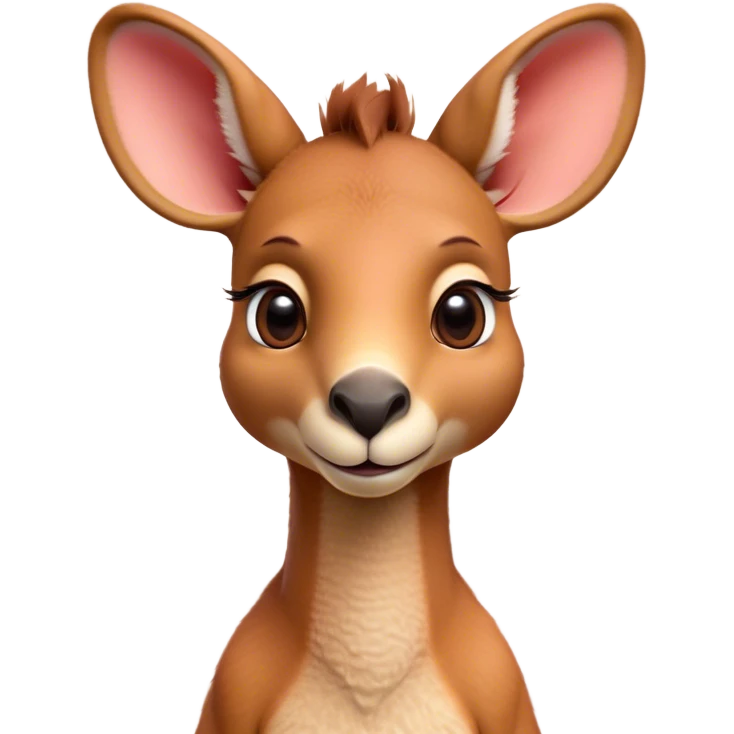 Cinematic Cute Adult Red Kangaroo Portrait Emoji, Head tilted playfully and inquisitively, showcasing a charming, robust build with soft reddish fur and a uniquely camel-like head featuring a gentle, elongated snout and rounded ears, with large, sparkling eyes full of wonder, Simplified yet irresistibly adorable features, highly detailed, glowing with a warm, friendly glow, high shine, affectionate and lively, stylized with a touch of outback whimsy, soft glowing outline, capturing the essence of a mischievous yet loving kangaroo that seems as if it could hop out of the screen into your arms! emoji