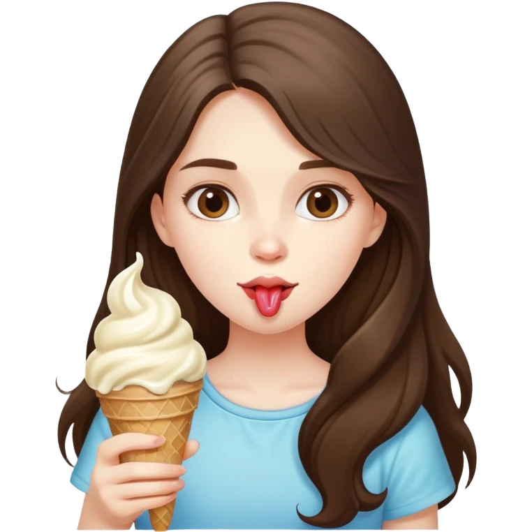 beautiful pale brunette girl with long hair eating an ice cream emoji