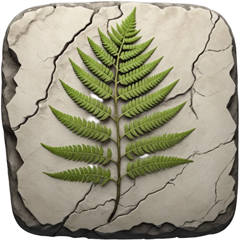 3D render of Fern Imprint, embedded in a chunk of rough sedimentary rock, cracked stone texture, ancient fossil aesthetic, black carbon imprint on a white limestone rock, matte dry finish, Apple emoji style, isolated on white background --v 6.0 emoji