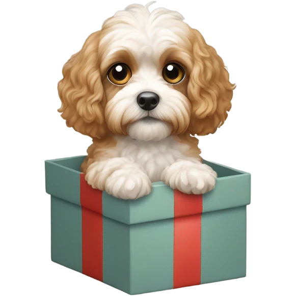 beige and white cavapoo and gift box emoji