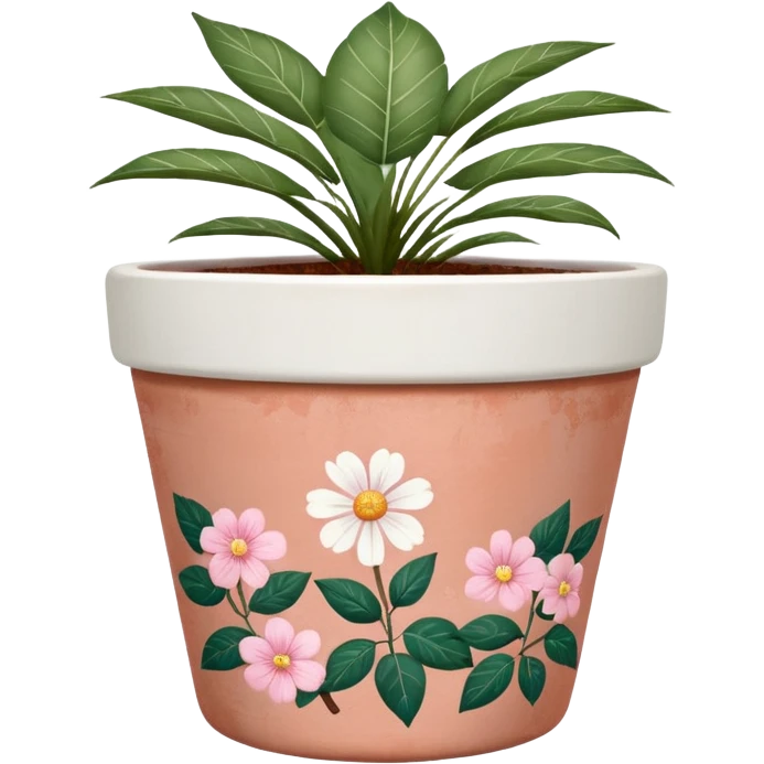 plant pot in terra cota with white and pink flowers print painted on the pot  emoji