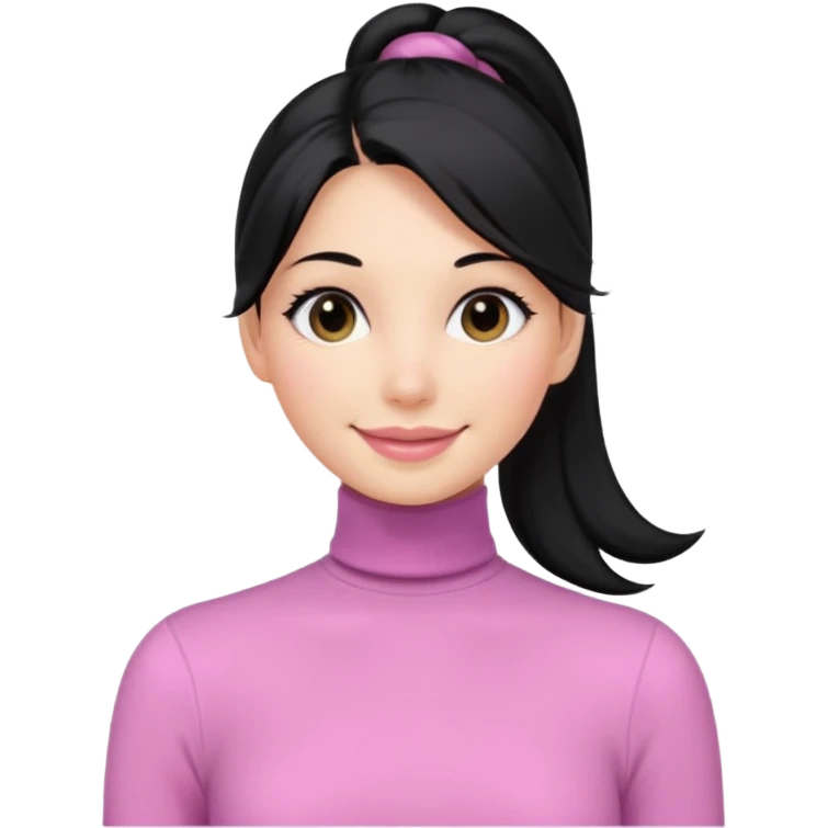 a woman with long sleeve turtle neck top and smile, her hair is long black one pony tail, her eyes color are black and the color of her lip is soft pink emoji