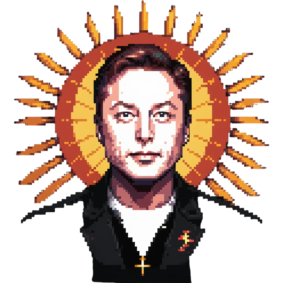 Elon Musk portrait with X symbol and sun rays emoji