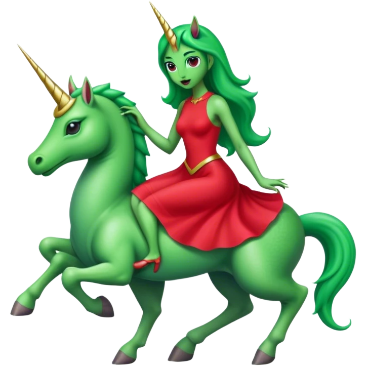 "reptilian green alien woman" in "red dress", rides unicorn
 emoji