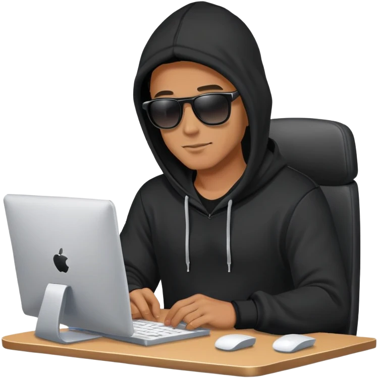 Man in sunglasses wearing a black hoodie on a computer emoji