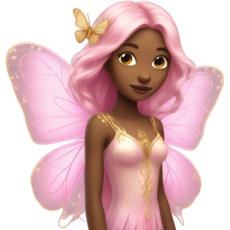 Beautiful, flower, fairy, pink, gold, long hair, butterfly wings emoji